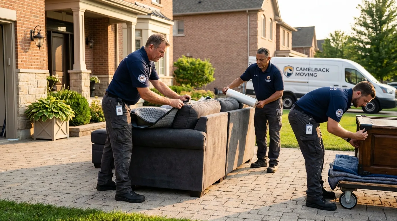 Large estate moving crew wrapping furniture in Freeport, ME
