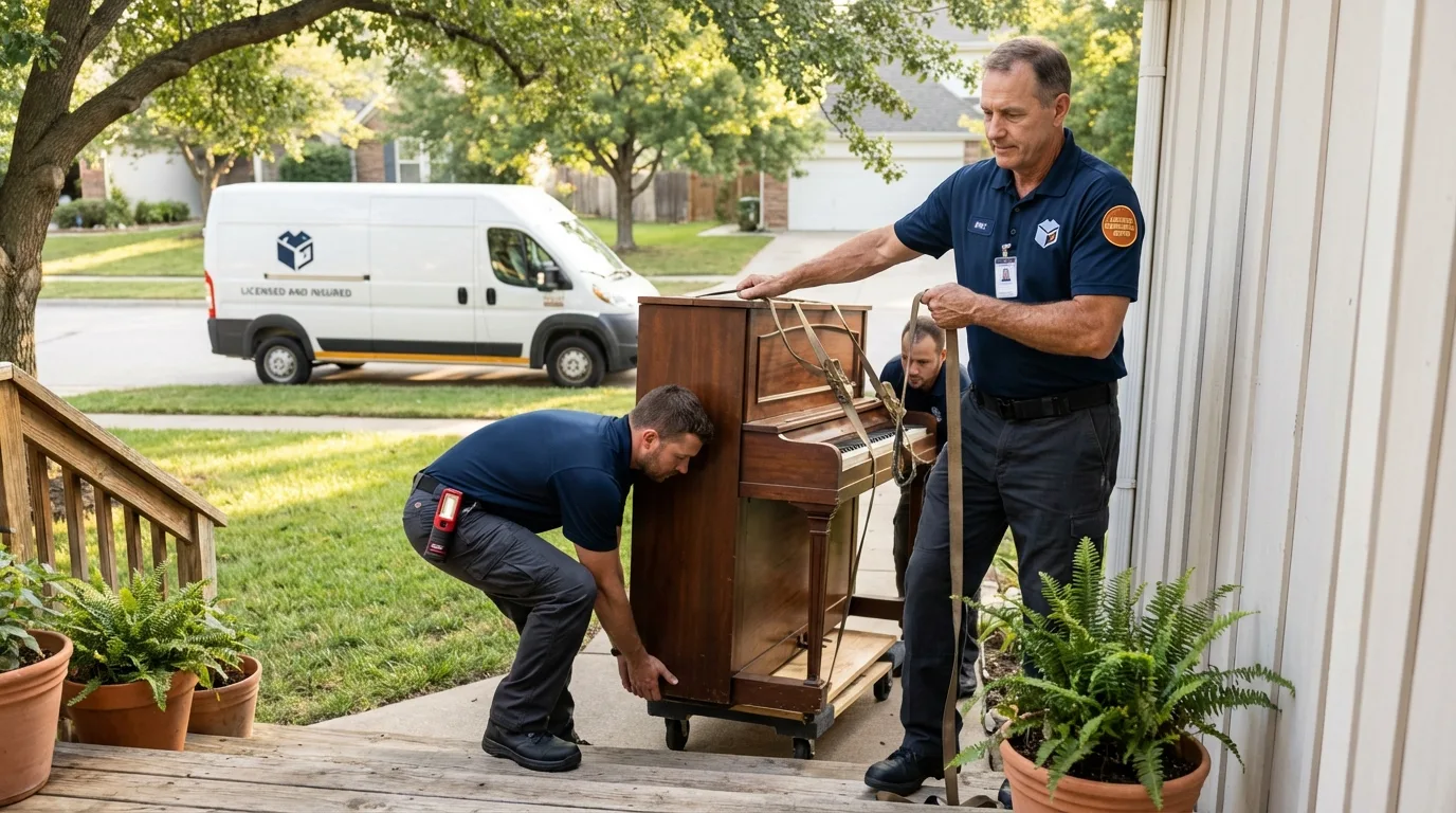 Licensed piano movers securing grand piano in Freeport, ME