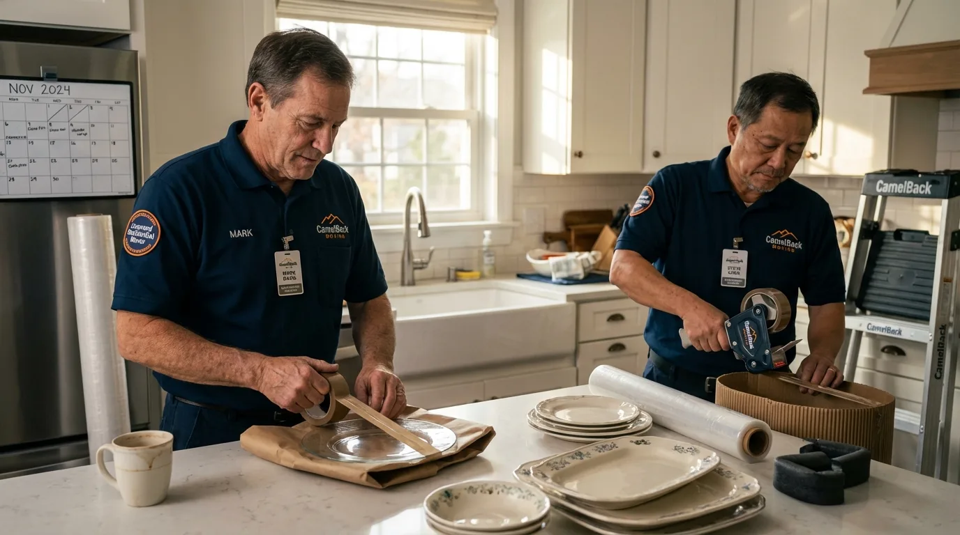 Professional crew packing kitchen dishware in Freeport, ME